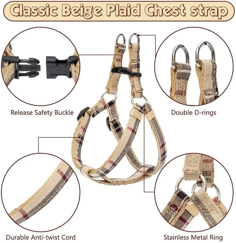 Adjustable No-Pull Dog Harness Collar Leash Set, Escape-Proof Plaid Design for Small Medium Large Dogs Training Walking